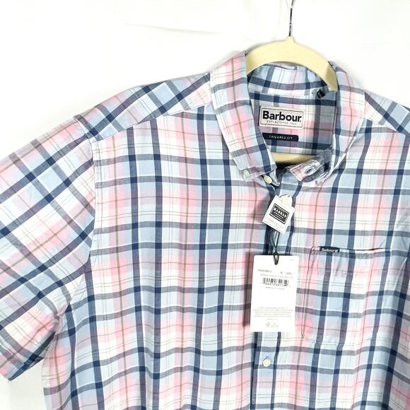 Barbour Furniss Tailored Shirt Pink Plaid Button Down Short Sleeve Sz L Men - Picture 5 of 12